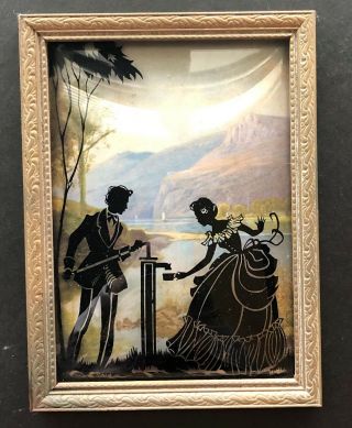 Vintage Reverse Painted Silhouette Picture Of Victorian Couple - - -