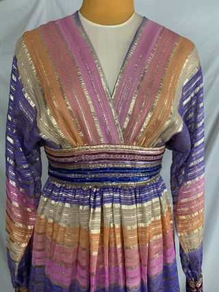ADELE SIMPSON Vintage 70s Sheer Beaded Sequins Metallic V Neckline Party Dress 2