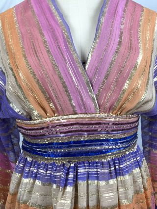 ADELE SIMPSON Vintage 70s Sheer Beaded Sequins Metallic V Neckline Party Dress 3