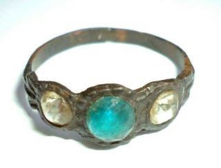 Medieval Ancient Bronze Ring With Blue And White Stones Roman