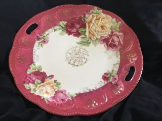 Antique Bavarian Porcelain Open Handle Plate With Roses In Pink And Yellow