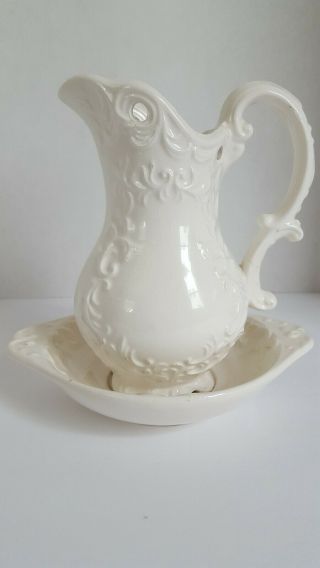 White Pitcher And Wash Basin With Scroll/leaf Design Vintage Napcoware 6.  5 Inch
