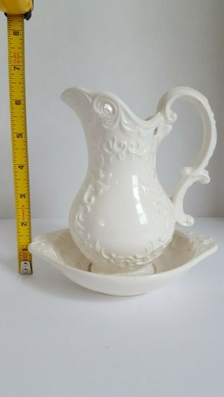 White Pitcher and Wash Basin with scroll/leaf design Vintage Napcoware 6.  5 inch 2