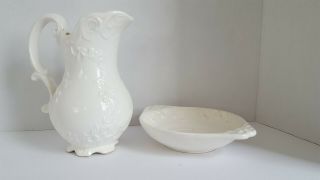 White Pitcher and Wash Basin with scroll/leaf design Vintage Napcoware 6.  5 inch 3