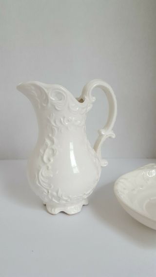 White Pitcher and Wash Basin with scroll/leaf design Vintage Napcoware 6.  5 inch 5