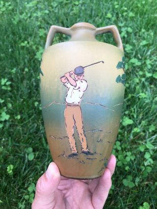 Antique Weller Pottery Vase Dickens Ware Golfer 6.  75” Landscape Very Scarce