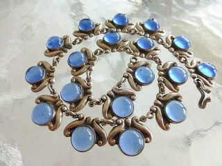 Vintage Taxco Mexico 980 Sterling Silver Blue Glass Cabochon Necklace Art Deco