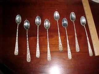 8 Iced Tea Spoons Vintage Stieff Rose Pattern Sterling Silver 7 1/2 " Repousse