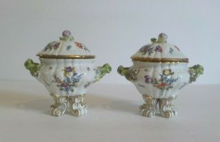 Rare Pair 19th C.  Meissen Porcelain Floral Encrusted Covered Small Dishes