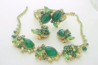 Vintage Art Glass Rhinestone Necklace Bracelet & Earrings Set Parure 2212a