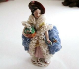 Antique Blue Dresden Lace Victorian Lady Figurine With Flower Basket Germany