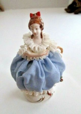 Antique Dresden Lace Lady With Basket Figurine Germany 4 " Tall