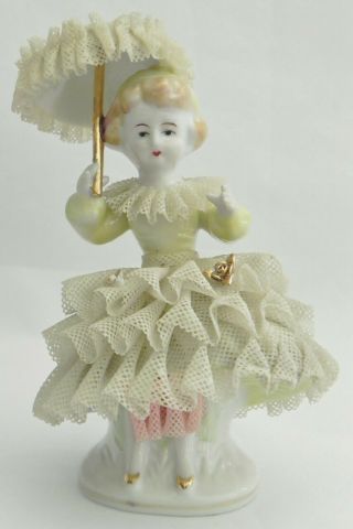 Vintage Thames Dresden Lace Victorian Girl W/ Parasol Roses Porcelain Figurine