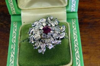 Vintage palladium ART DECO ANTIQUE 1920 ' s 1930 ' s RUBY DIAMOND COCKTAIL ring 12