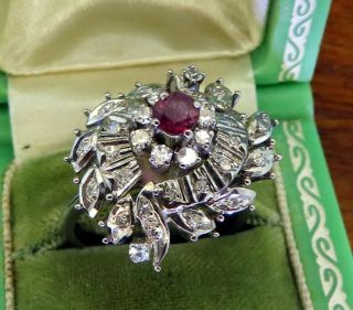 Vintage palladium ART DECO ANTIQUE 1920 ' s 1930 ' s RUBY DIAMOND COCKTAIL ring 2