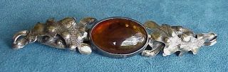 Unusual Large Vintage Baltic Amber Oak Leaves 925 Sterling Silver Brooch Bar Pin