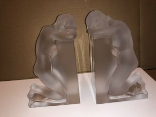Rare Lalique Clear & Frosted Crystal " Reverie " Nude Bookends 11850 - Perfect