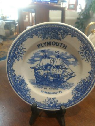 Blue / White Transferware,  Ironstone Plymouth Mass.  Mayflower 7 " Souvenir Plate