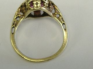 VINTAGE SOLID 14 K GOLD FILIGREE RING,  RED STONE,  SIZE 4.  75 5