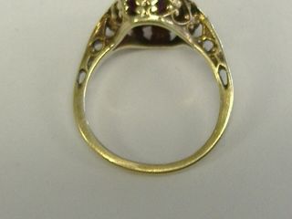 VINTAGE SOLID 14 K GOLD FILIGREE RING,  RED STONE,  SIZE 4.  75 8