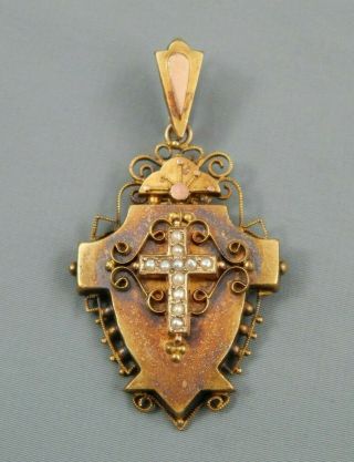 Antique Victorian Yellow Gold Seed Pearl Cross Chatelaine Pendant 12.  8g