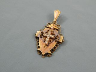 Antique Victorian Yellow Gold Seed Pearl Cross Chatelaine Pendant 12.  8g 2