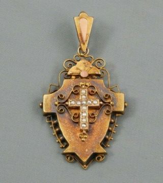 Antique Victorian Yellow Gold Seed Pearl Cross Chatelaine Pendant 12.  8g 3