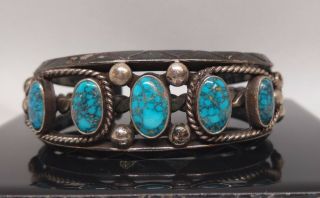 Frank Or Fred Peshlakai,  Navajo,  Turquiose And Silver Vintage Cuff Bracelet.