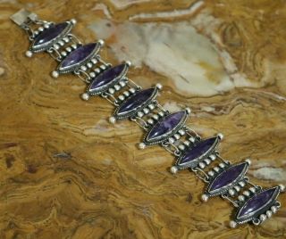 Jose Anton Pre - 1948 Mexico Silver Amethyst WIDE Art Deco Repousse Link Bracelet 2