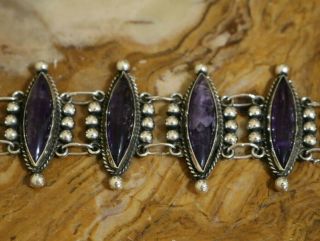 Jose Anton Pre - 1948 Mexico Silver Amethyst WIDE Art Deco Repousse Link Bracelet 8