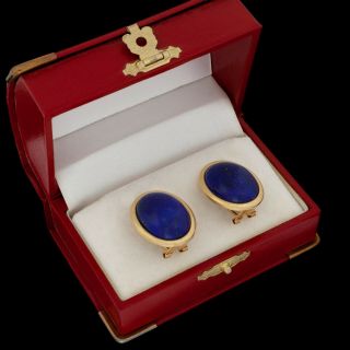 Antique Vintage Deco Retro 18k Gold Oval Cabochon Lapis Lazuli Cluster Earrings