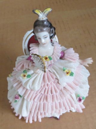 Dresden Lace Figurine Frankenthal Seated Lady With Fan Antique Germany