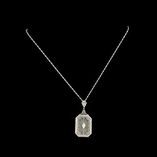 Antique Vintage Art Deco 14k White Gold Diamond & Camphor Glass Pendant Necklace 2