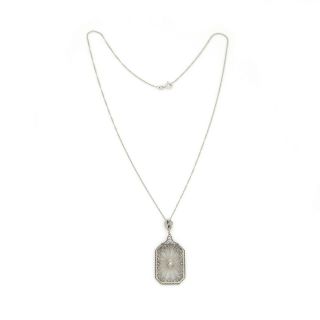 Antique Vintage Art Deco 14k White Gold Diamond & Camphor Glass Pendant Necklace 3