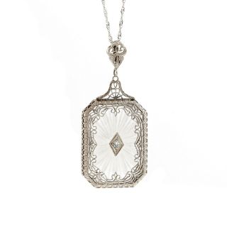 Antique Vintage Art Deco 14k White Gold Diamond & Camphor Glass Pendant Necklace 7
