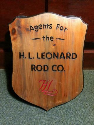 Vintage AGENTS FOR H.  L.  LEONARD ROD CO.  Wooden Advertising Sign Leonard Fly Rod 12