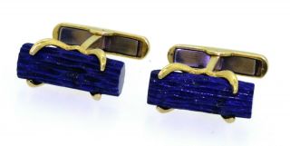 French Hallmarked Vintage 14k Yellow Gold Carved Blue Lapis Lazuli Cufflinks