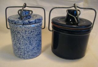 2 Vintage Dark Blue,  Speckled Glazed Stoneware Cheese Crocks Bale Wire Top 5,  5½”