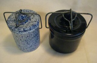 2 Vintage Dark Blue,  Speckled Glazed Stoneware Cheese Crocks Bale Wire Top 5,  5½” 2