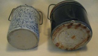 2 Vintage Dark Blue,  Speckled Glazed Stoneware Cheese Crocks Bale Wire Top 5,  5½” 5