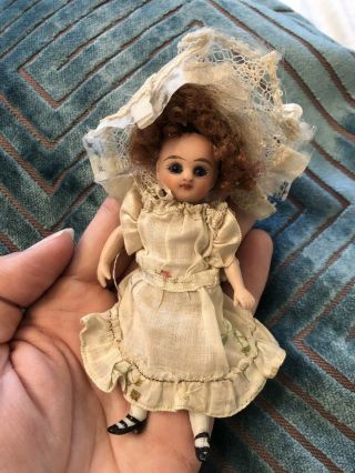 Tiny Antique Rare 4” French Market All Bisque Mignonette Doll Cobalt Glass Eyes