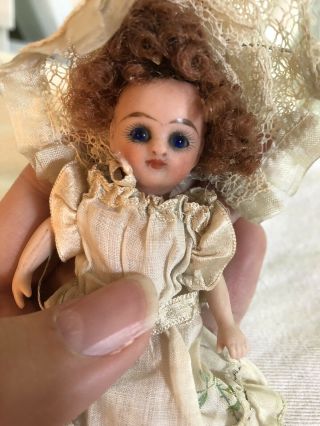 Tiny Antique Rare 4” French Market All Bisque Mignonette Doll Cobalt Glass Eyes 2