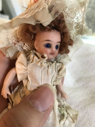 Tiny Antique Rare 4” French Market All Bisque Mignonette Doll Cobalt Glass Eyes 3