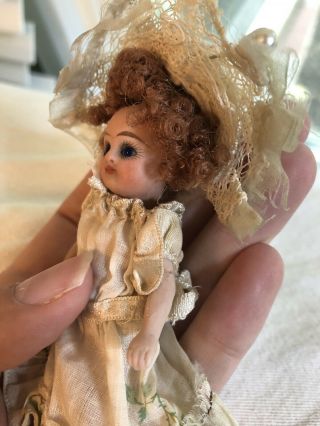 Tiny Antique Rare 4” French Market All Bisque Mignonette Doll Cobalt Glass Eyes 4