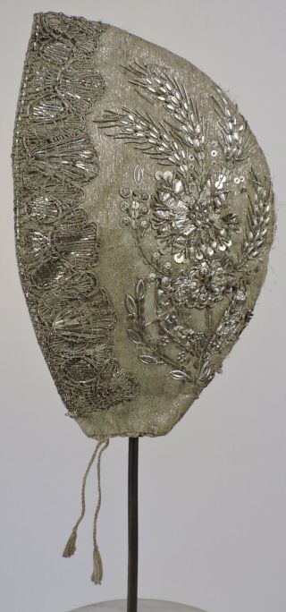 Early 18th C Silver Metallic Coif Cap For Dress W Metallic Braid And Spangles