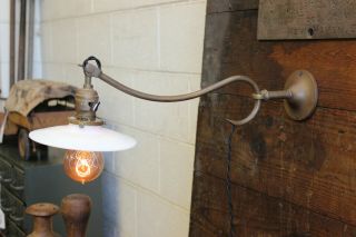 Vintage Antique Industrial Brass Faries Lamp Light Wall Milk Glass Sconce 1920s