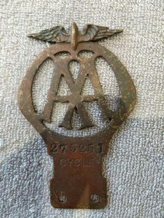 51.  Antique Vintage 1920 Aa Motorcycle Badge Brass
