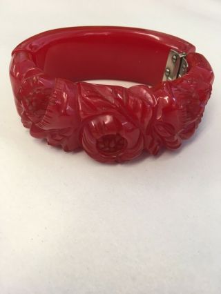 Vintage Carved Cherry Bakelite Hinged Cuff Bracelet