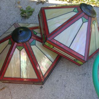 Vintage Mission Tiffany Style Stained Glass Leaded Glass Hexagon Lamp Shades