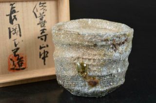 S7865: Japanese Shigaraki - Ware Youhen Pattern Guinomi Sake Cup W/signed Box